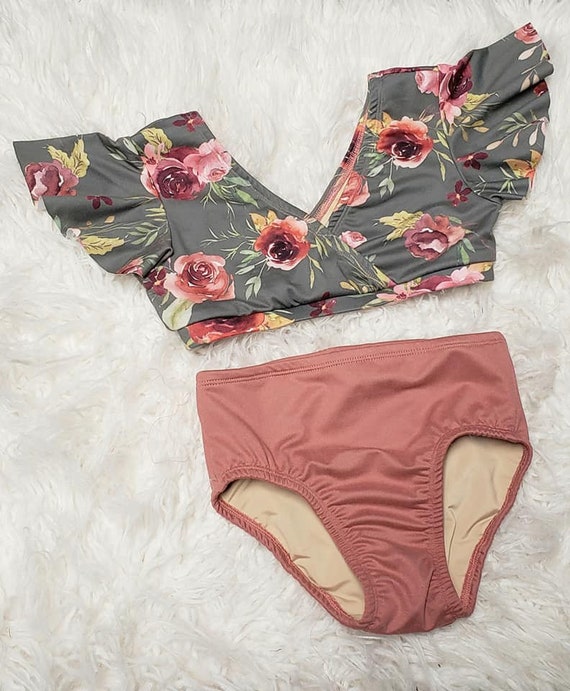 Floral Flutter Sleeve Girls Dance Set: Dusty Green & Mauve Dancewear