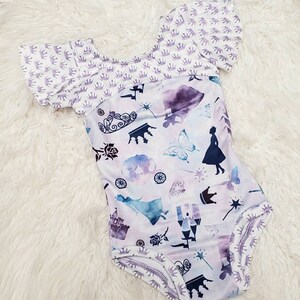 Purple, teal and blue watercolor princess castle and crown flutter sleeve leotard. Gymnastics class, Girl&#39;s Dancewear, Girl&#39;s leotard