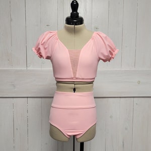 Blush Puff Sleeve V Center Mesh 2 piece Girls Dance Set, Girls Dancewear, Dance Class, Dance Convention, Photo shoot