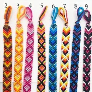 May include: Ten colorful friendship bracelets with different geometric patterns. The bracelets are numbered 1 through 10.