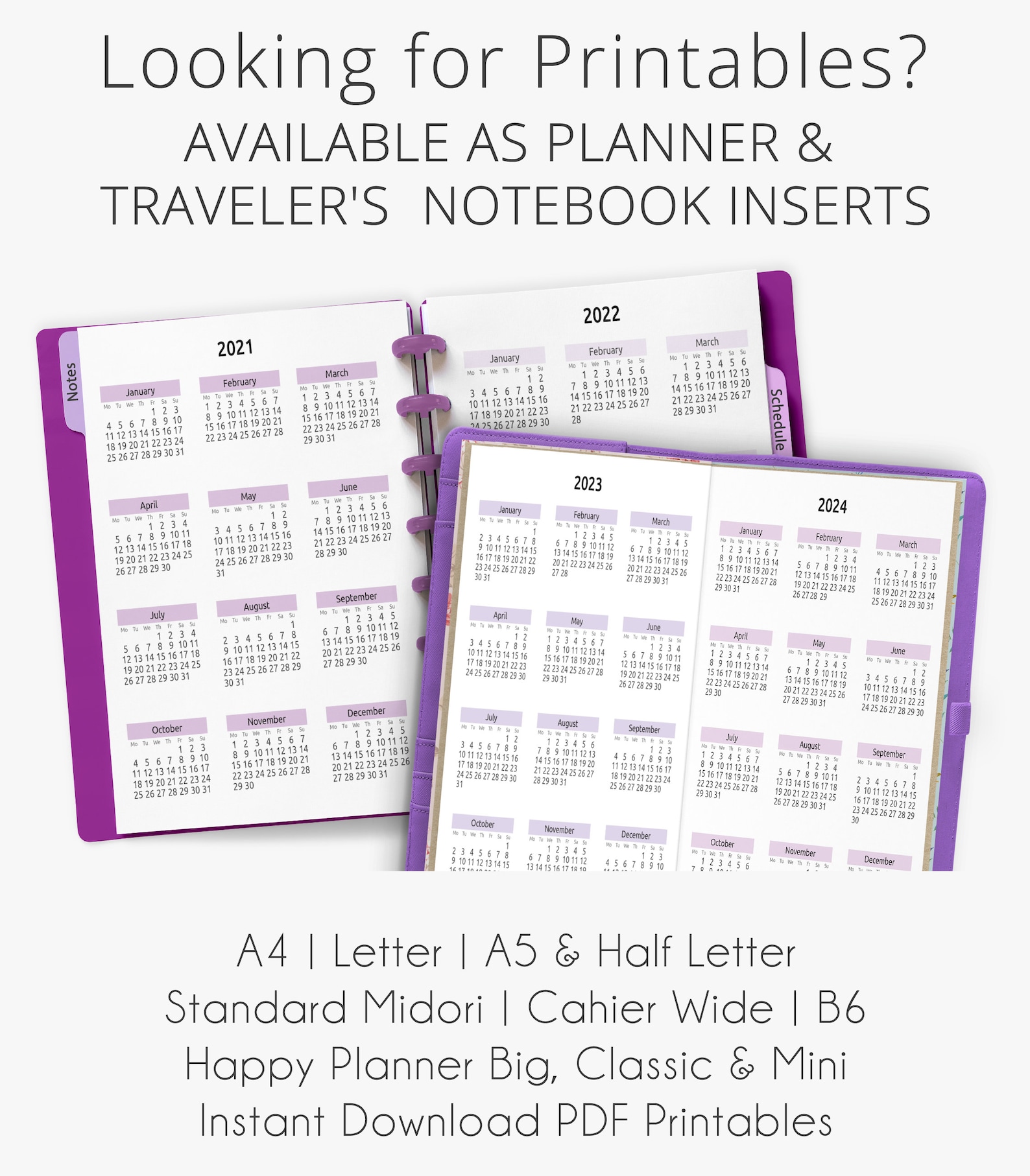 2021 2025 Yearly Calendar Digital Planner Insert for Etsy