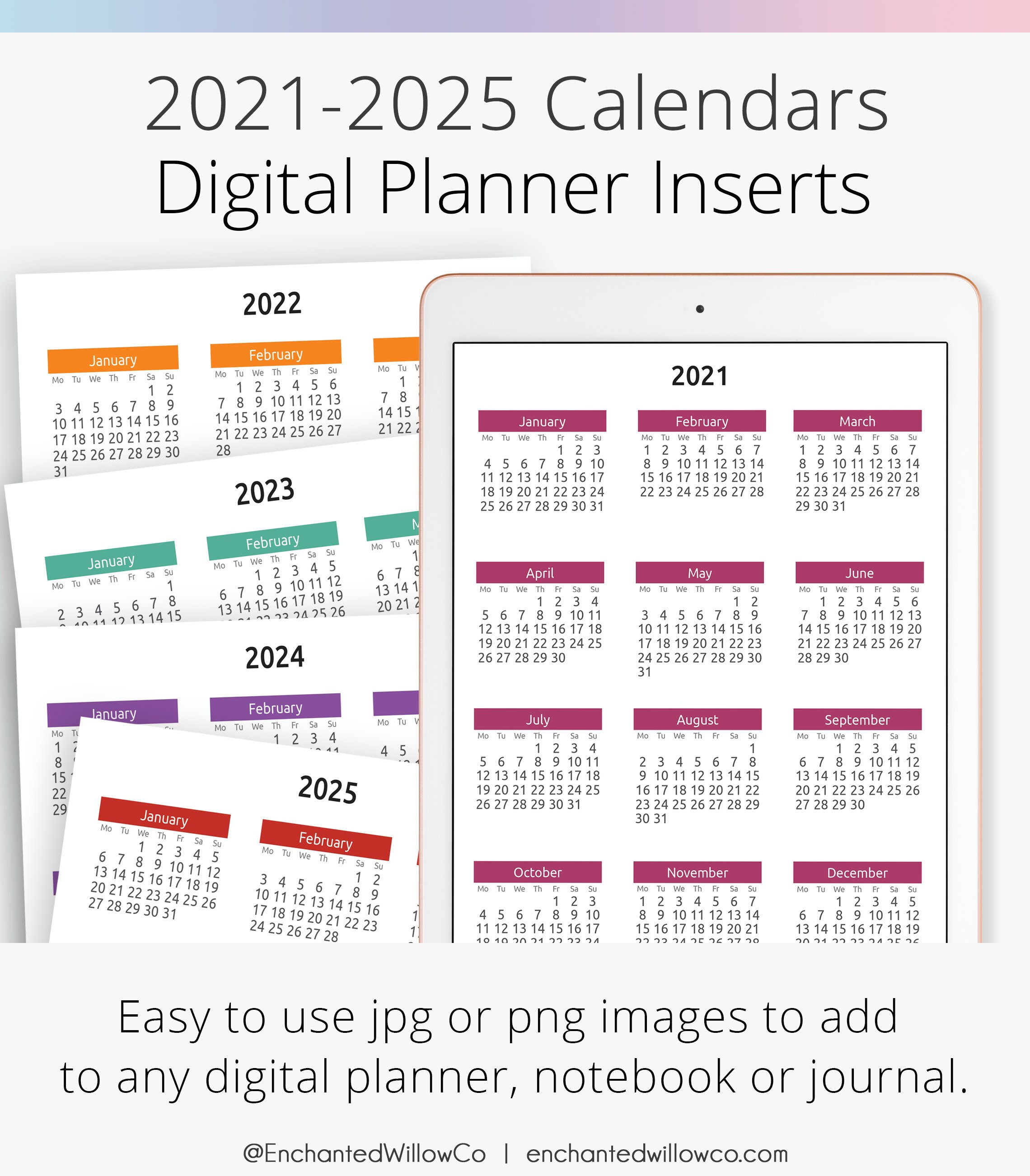 2021 2025 Yearly Calendar Digital Planner Insert for Etsy