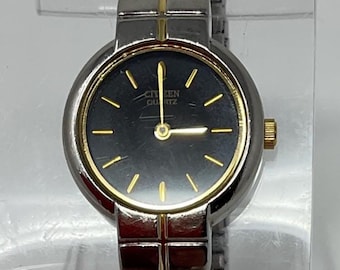 Vintage Citizen 5920-S00007 Ladies Two-Tone Black Dial Stretch Band Watch Working New Battery