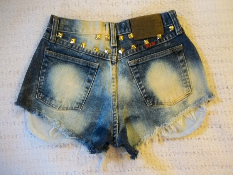 25 plus Waist Vintage 80s-90s HighWaist Acid Washed Brass Studded Wrangler Calgery Jeans Cut Off Shorts XSmall