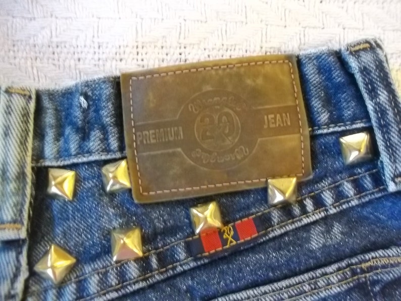 25 plus Waist Vintage 80s-90s HighWaist Acid Washed Brass Studded Wrangler Calgery Jeans Cut Off Shorts XSmall