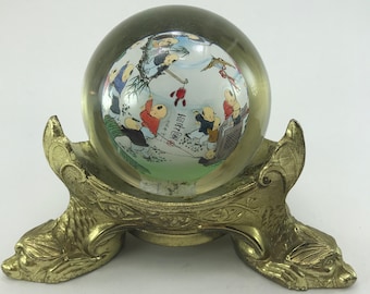 Crystal Ball Hand-painted Gross Candle Co. Dragon Base Asian Scene Up-cycled Art