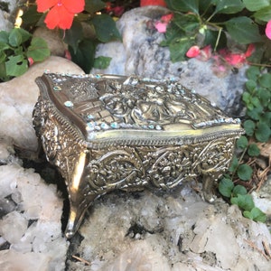 Jewelry Case Swarovski Crystals Early Victorian Garden Scene Vintage Etui Red Velvet Lined