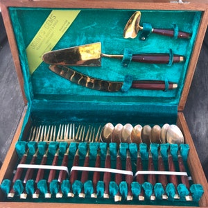 Set/29 Pcs Flatware VTG Teak & Wood High Quality Johny&#39;s Gems Boxed Serving Set