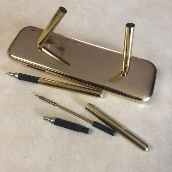 Desktop Pen Caddy Vintage Dual Pen Shiny Gold Brass Refillable 
