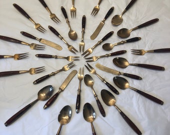 Teak Wood Flatware Vintage Gold-Coated Serving Pieces, Buyer&#39;s Choice