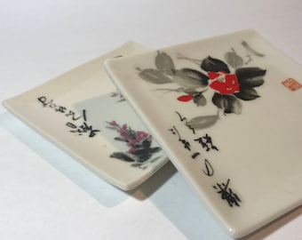 Square Hors d'oeuvres Pair Plates - Asian Design and Signature