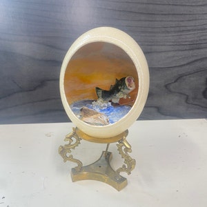 Ostrich Egg Hand Carved Vintage Showcase Fisherman&#39;s Catch Mounted Brass Ornamental Stand