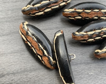 Leather Buttons Set/4 Antique Rare Clothing Adornments Black Brown Leather Hand-stitched Shank Button Buyer&#39;s Choice