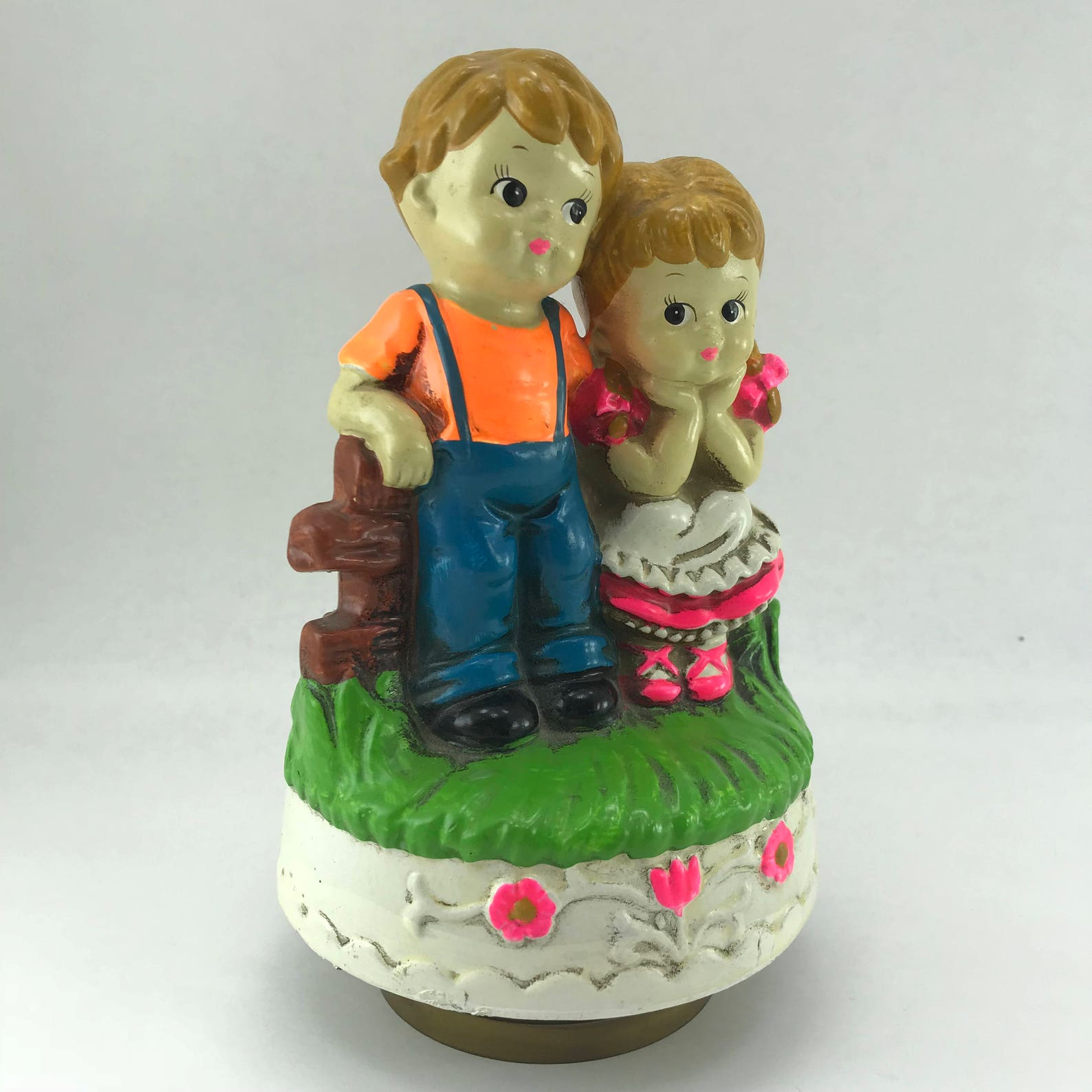 Musical Figurine Boy Girl on Bench 70s Kitsch Plays Song Etsy