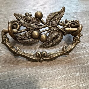 Conjunto de 6+ peças com puxadores de gaveta em latão com padrão vintage de folhas e frutos em relevo.