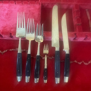 May include: A set of six silver-plated cutlery pieces with black handles. The set includes two knives, two forks, and two smaller forks. The cutlery is arranged in a red velvet-lined case.
