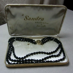 Vintage A Sandra Exclusive Jon-nar Case Triple Strand Black Glass Beads Necklace