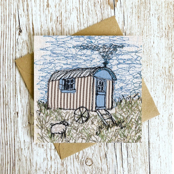 Shepherd's Hut Embroidery Art Card, Blank Inside, Sheep card, New Home Card, Retirement Card, Birthday Card for him, British Countryside