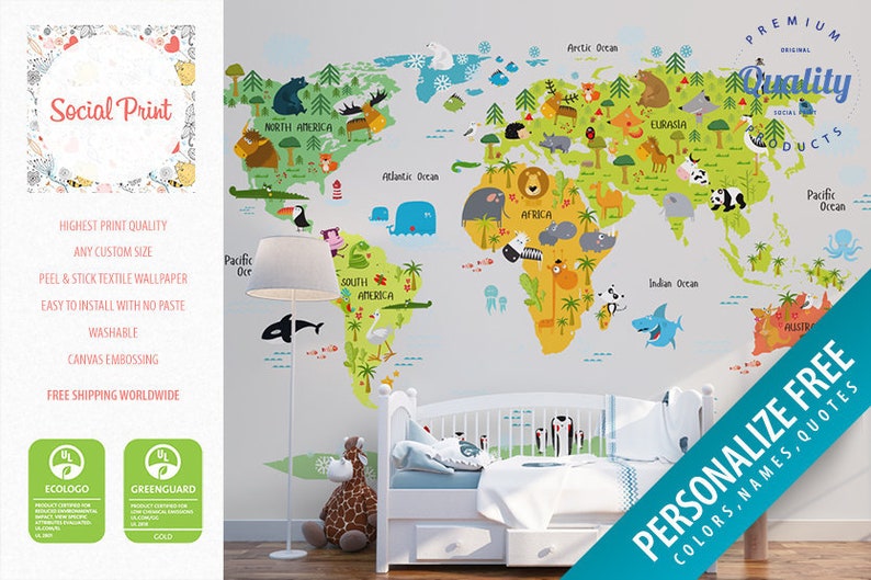 Nursery Animal World Map L Stick Wallpaper Free