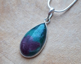 Teardrop Ruby in Zoisite Pendant, Sterling Silver Necklace
