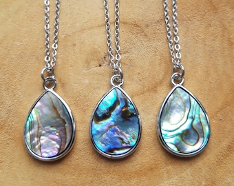 Abalone Teardrop Pendant Necklace, Stainless Steel Chain