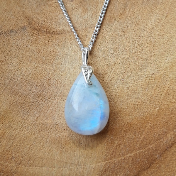 Blue Flash Moonstone Teardrop Sterling Silver Necklace, Fantasy Gemstone