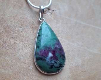 Teardrop Ruby in Zoisite Pendant, Sterling Silver Necklace