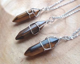 Wire Wrapped Tiger Eye Point Necklace, Brown Gemstone Jewelry