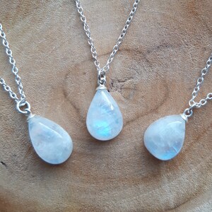 Sterling Silver Moonstone Necklace, Blue Flash Teardrop Pendant