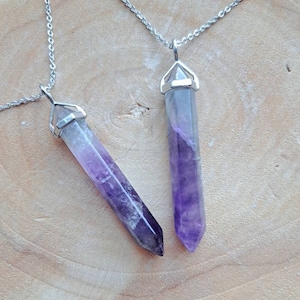 Long Amethyst Crystal Pendant, Stainless Steel Necklace, February Birthstone