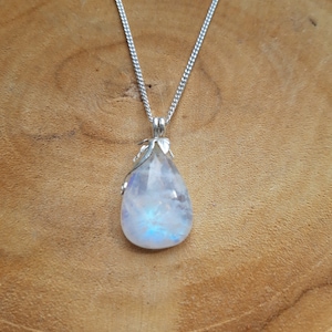 Blue Flash Moonstone Sterling Silver Necklace, Teardrop Gemstone Pendant