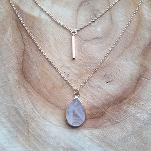 Gold Layered Necklace, Delicate Rose Quartz Necklace, Gold Bar Necklace, Gift Mom, Simple Layering, Bridesmaid Necklace, October Birthstone.