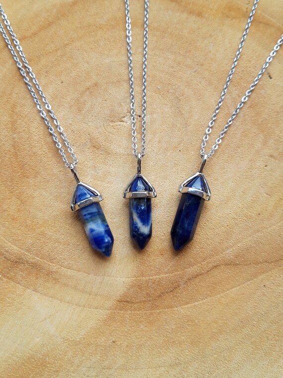 Small Sodalite Pendant Blue Stone Necklace Crystal Point Jewelry