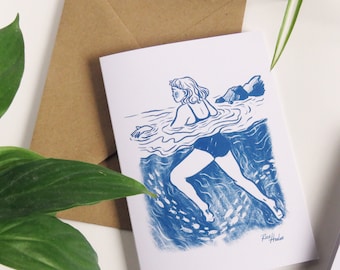 The Mist surrounded us, Wild swimming Art, Greetings Card, Adventure Card, Cold water swim club, Swimming illustration