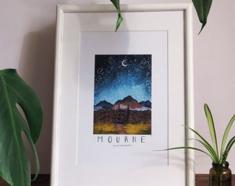 Mourne Mountains, Northern Ireland, County Down. Art Print, Mixed Media Illustration