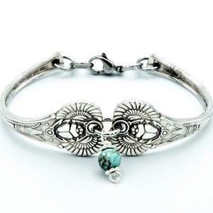 Egyptian Scarab Spoon Bracelet Beetle Bug Original Vintage Antique Silverware Handle Bracelet Year 1909 OPTIONAL Faux Turquoise Charm