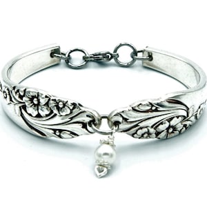 Spoon Bracelet Authentic Spoon Jewelry 5th Wedding Anniversary Gift &quot;Evening Star&quot; Year 1950 OPTIONAL Faux Pearl Charm Floral Bracelet