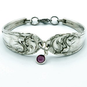 February Iris Birth Flower Spoon Bracelet 25th Anniversary Flower OPTIONAL Swarovski Birthstone Charm &quot;Fleur de Luce&quot; Year 1904 Unique Gift