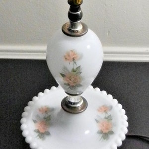 REWIRED Vintage Milk Glass Floral Small Night Stand Boudoir Lamp Base Peach Color Roses Hobnail Edge