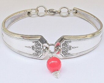 Vintage Silverware Bracelet: 1924 "Queen Bess" Spoon Handle, Optional Bright Pink Jade Charm