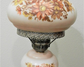 REWIRED Vintage Milk Glass Hurricane Lamp: Floral 3-Way Table Lamp