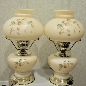 REWIRED PAIR Vintage Electric Hurricane Lamps Cream Green Brown Leaves Milk Glass 3 Way With Nightlight