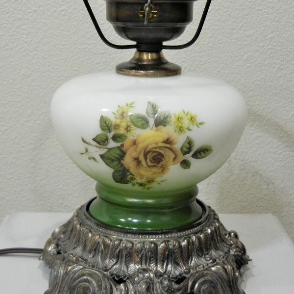 Vintage REWIRED Hurricane Lamp BASE ONLY 7" Fitter Ring Milk Glass Yellow Roses Green