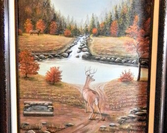 Original Handpainted Vintage Deer Buck Doe Woodlands Framed Acrylic Painting Canvas