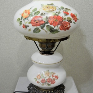 Vintage Floral Electric Hurricane Table Lamp, Milk Glass, Red Yellow, Night Light, 3 Way Lighting, REWIRED