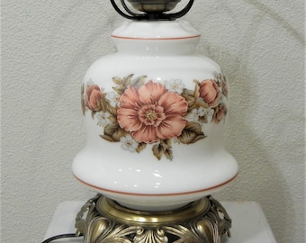 Vintage L&L Milk Glass Large Hurricane Lamp Base, REWIRED: Pink Floral, 3-Way, 10" Fitter