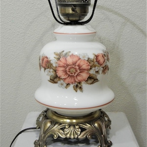 Rewired Large Vintage 3 Way Electric Hurricane Table Lamp BASE ONLY L&L Brand Milk Glass Pink Floral