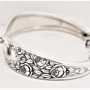 Rose Spoon Bracelet June Birthday Birthflower 15th Anniversary Vintage Silverware Jewelry &quot;Rose and Leaf&quot; Year 1937 OPTIONAL Mood Charm