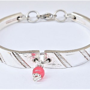 Authentic Silverware Bracelet Unique Special Gift For Her Made From Upcycled Spoon Handles &quot;Silver Rose&quot; Year 1962 OPTIONAL Pink Jade Charm