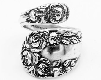 Antique Spoon Ring Roses Spiral Bypass Band .925 Sterling Silver Authentic Silverware Handle Jewelry "Normandy Rose" Year 1898